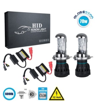 GloboStar® 84102 H4 CB Line KIT Βασικού Φωτισμού Αυτοκινήτου & Μοτοσυκλέτας 2nd Generation Can-Bus Series Bi-XENON 70W 6400lm DC 9-16V Αδιάβροχο IP65 Ψυχρό Λευκό 6000K